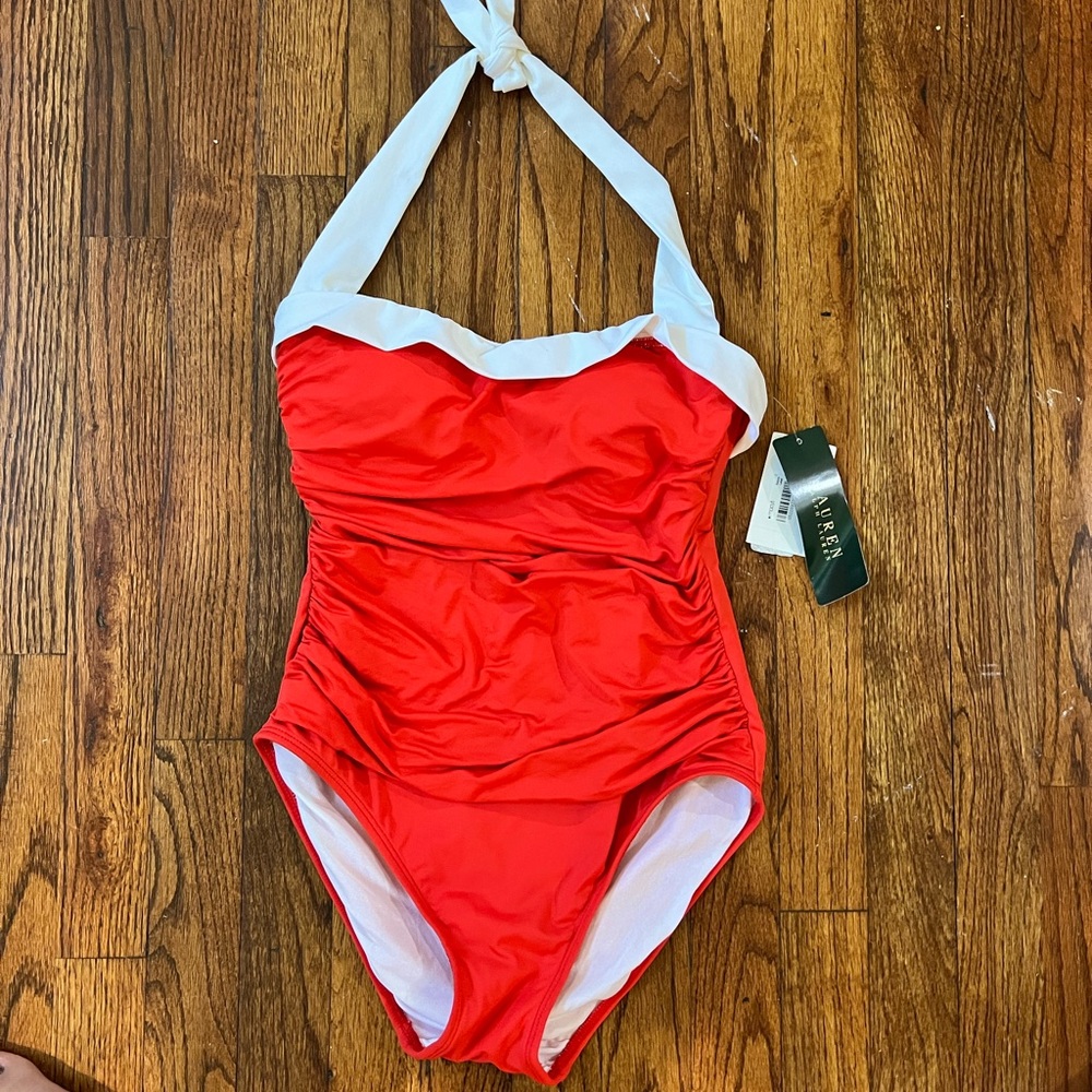 NWT: Vintage Halter Fiery Red/Orange One Piece Bathing Suit